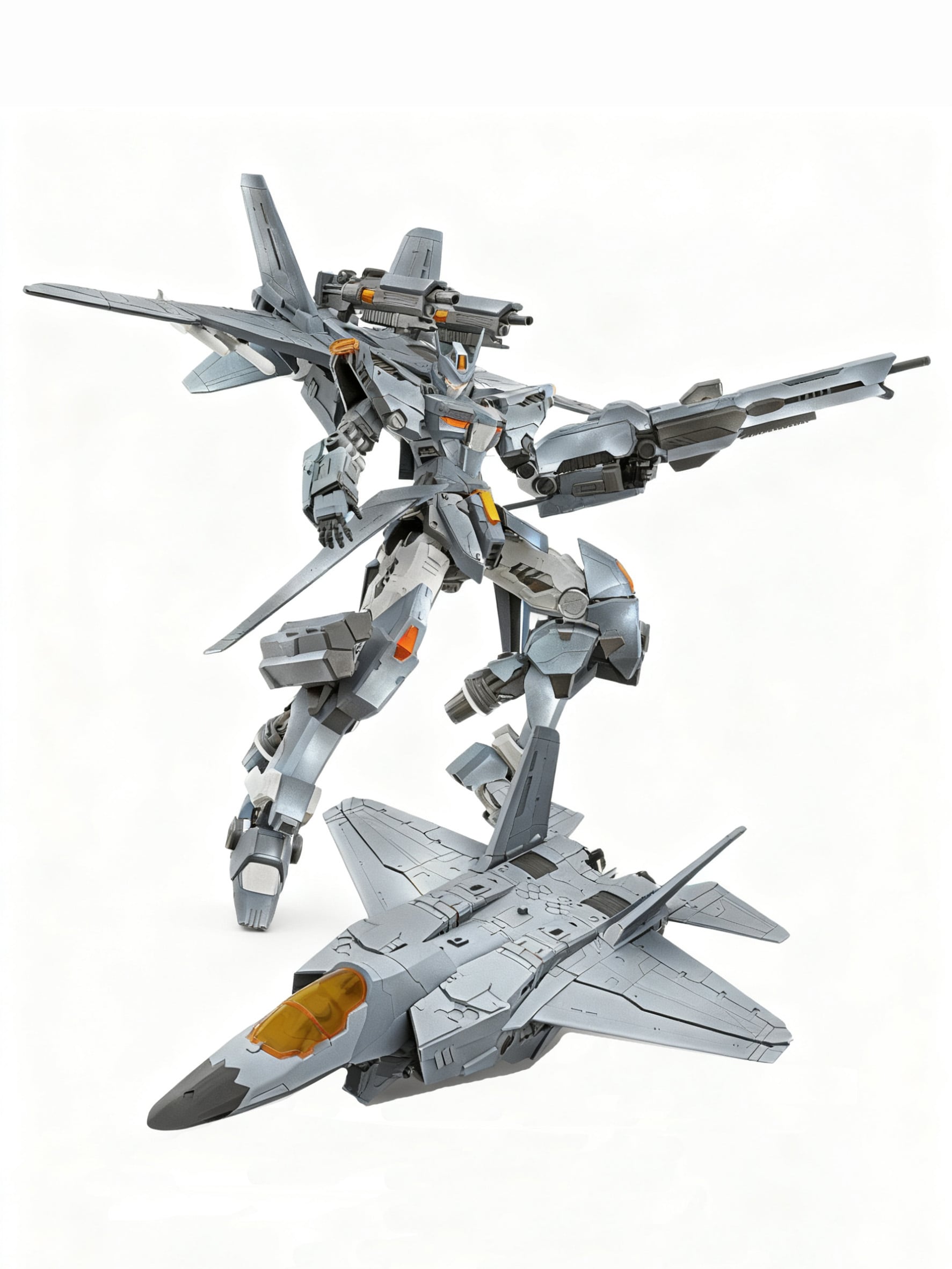 X-PLAY J-35 Qiong Sheng figurine mecha blanche et grise avec ailes et armement, en pose dynamique